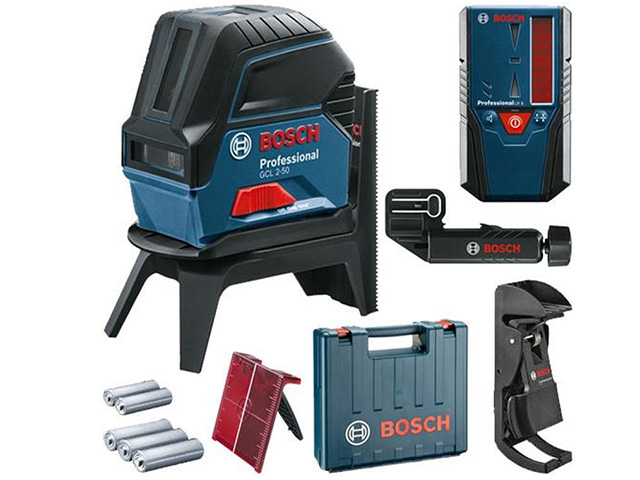 Нивелир лазерный BOSCH GCL 2-50 с держателем и приемником в чем. (проекция: крест, до 50 м, +/- 0.30 мм/м, резьба 1/4, 5/8")